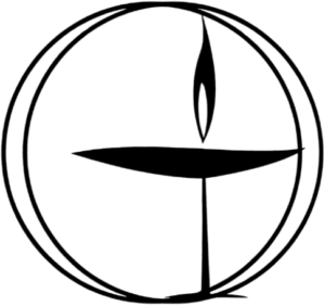 The black silhouette of a Unitarian Universalist chalice inside two overlapping circles